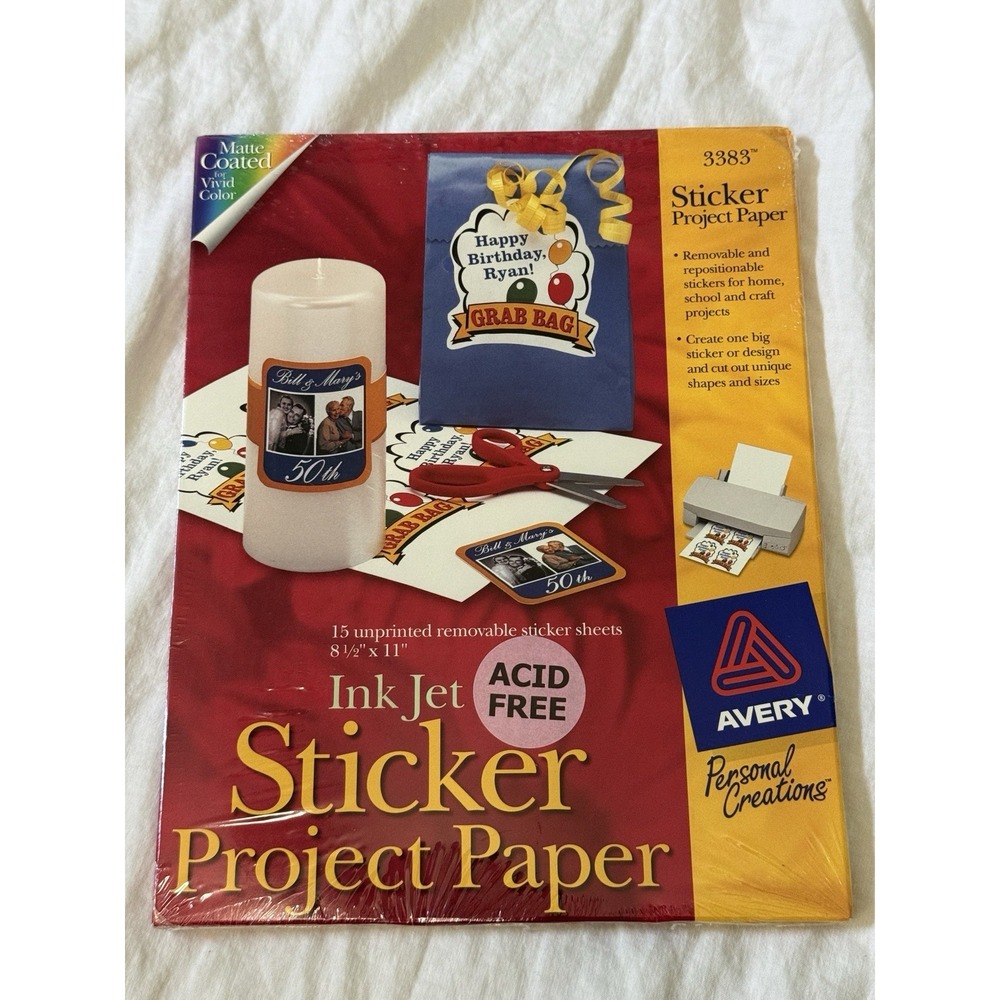 Avery Ink Jet Sticker Project Paper 3383 - 13 removable Sheets 8.5x11 - Matte